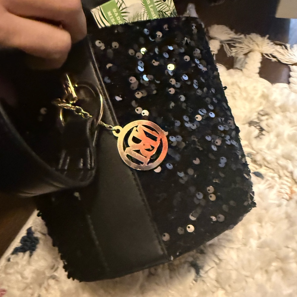Badgley Mischka Black Sequin Bucket Bag with Gold Charm - Picture 3 of 5